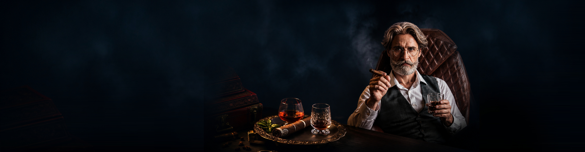 Premium cigars on dark wood and leather